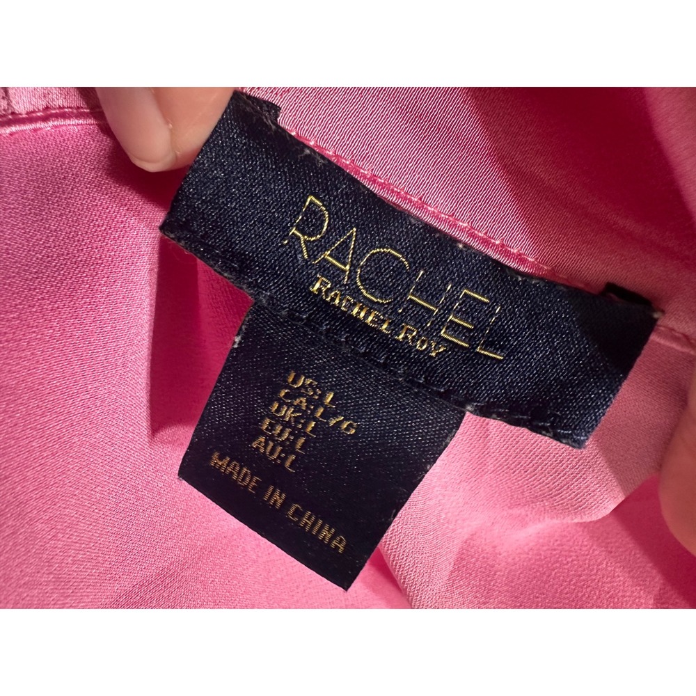 Rachel Rachel Roy Hot Pink Satin Button Down Short Sleeve Blouse Large Fuchsia - Picture 6 of 7